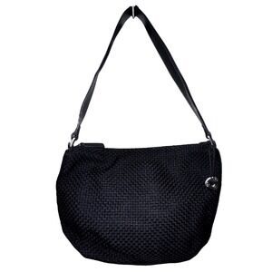 The Sak Woven Hobo Shoulder Bag Black Textured Leather Strap‎ Accent EUC